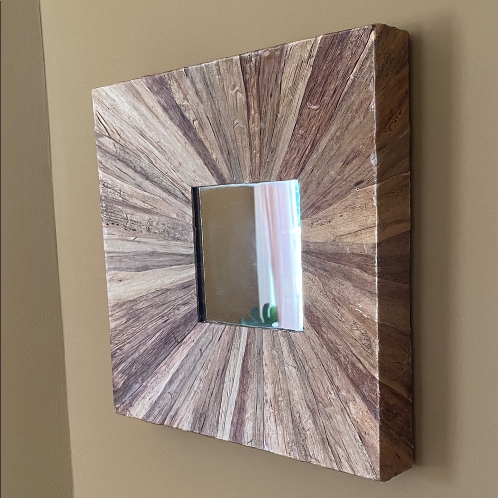 Boho chic Faux Wood Sunburst Wall Mirror solid, unique, gorgeous